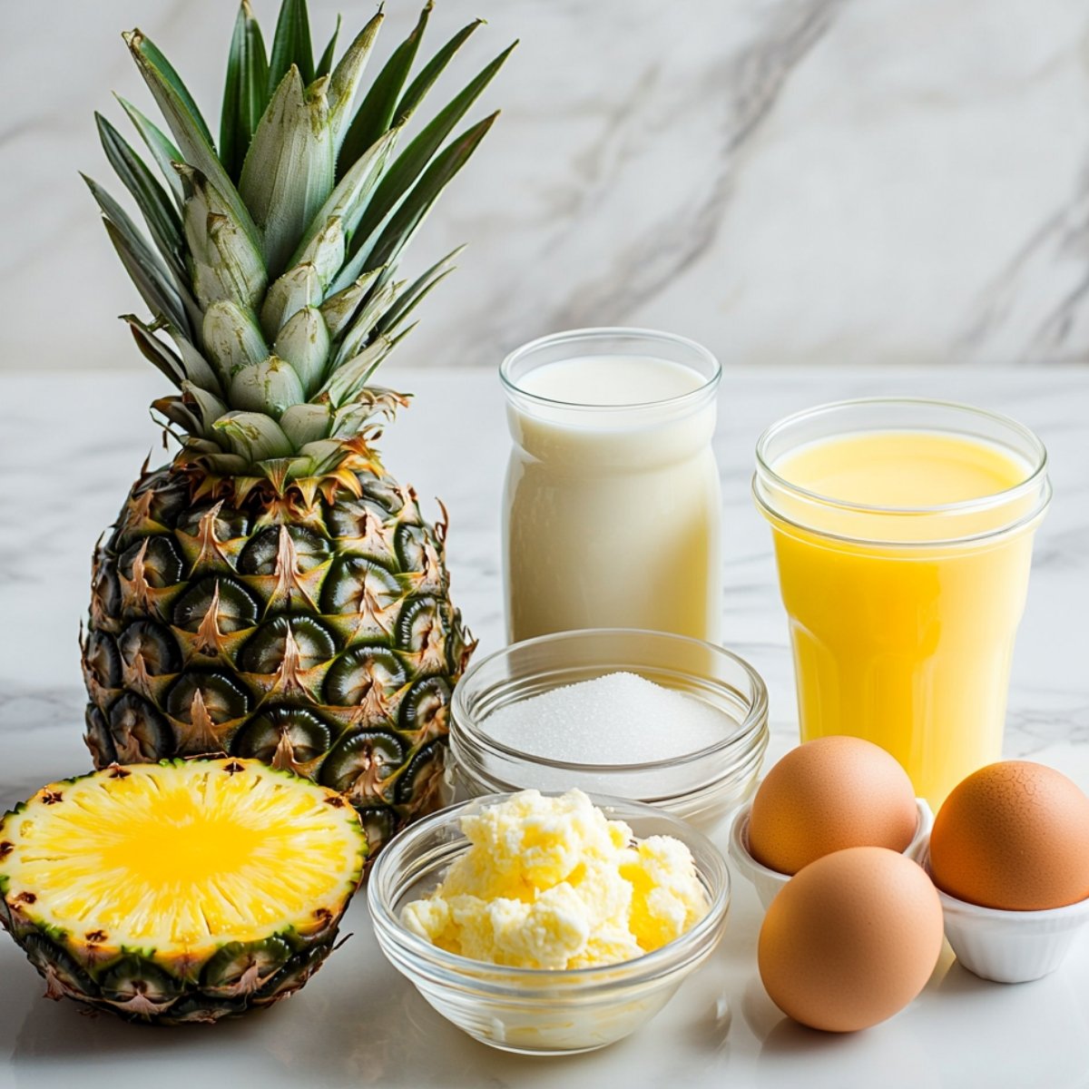 Fresh ingredients for homemade pineapple ice cream on a marble countertop. Includes a whole ripe pineapple with half sliced, whole milk, egg yolks, sugar, softened butter, and orange juice, all lit with soft, natural light.
