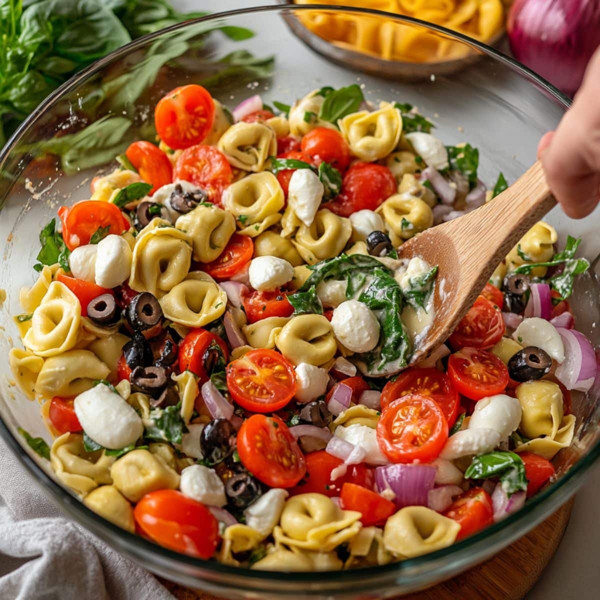 Tortellini pasta salad with tomatoes, mozzarella, olives, spinach, and red onion, tossed with dressing in a glass bowl.
