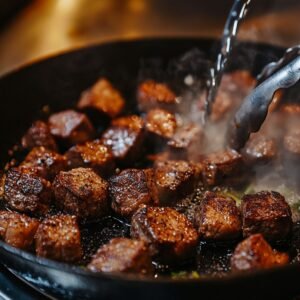 Golden-brown steak bites sizzling in a cast iron skillet, steam rising as metal tongs flip the seared beef-rich, homemade flavor in action.