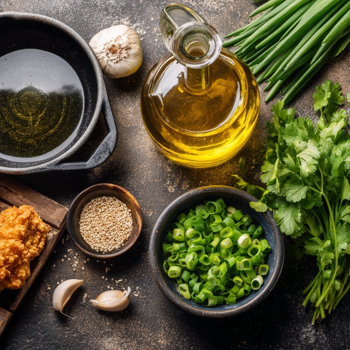 Fresh Bang Bang Chicken garnishes: chopped green onions, sesame seeds, garlic, cilantro, and oil on a dark countertop with natural light.