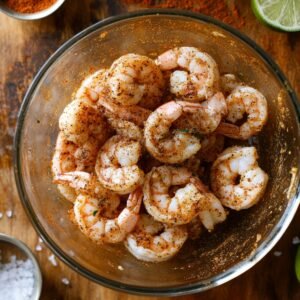 Raw shrimp in a glass bowl tossed with chili powder, paprika, black pepper, and other spices, sitting on a rustic wooden surface with lime and coarse salt nearby-perfectly prepped for shrimp tacos.