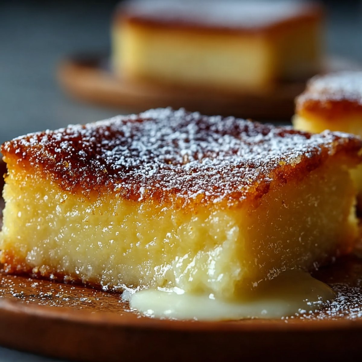 Homemade Gooey Butter Cake square with a soft, oozing center and powdered sugar on top, served on a wooden board.