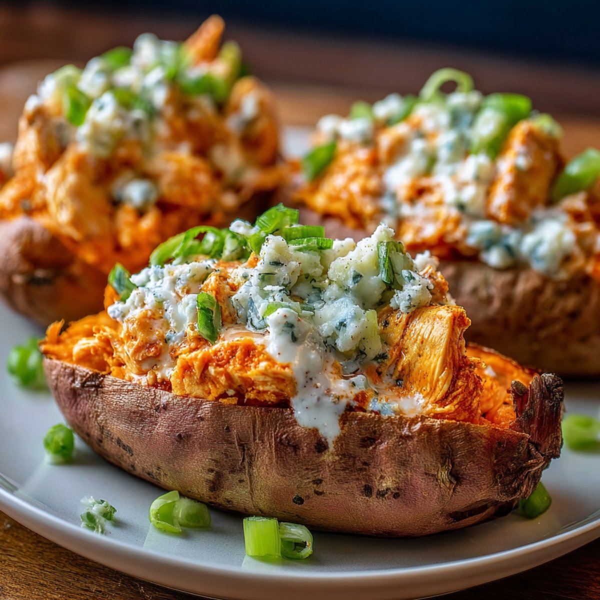Homemade Buffalo Chicken Stuffed Sweet Potatoes on a white plate, topped with ranch, blue cheese, and green onions, warm natural light, homemade and cozy.