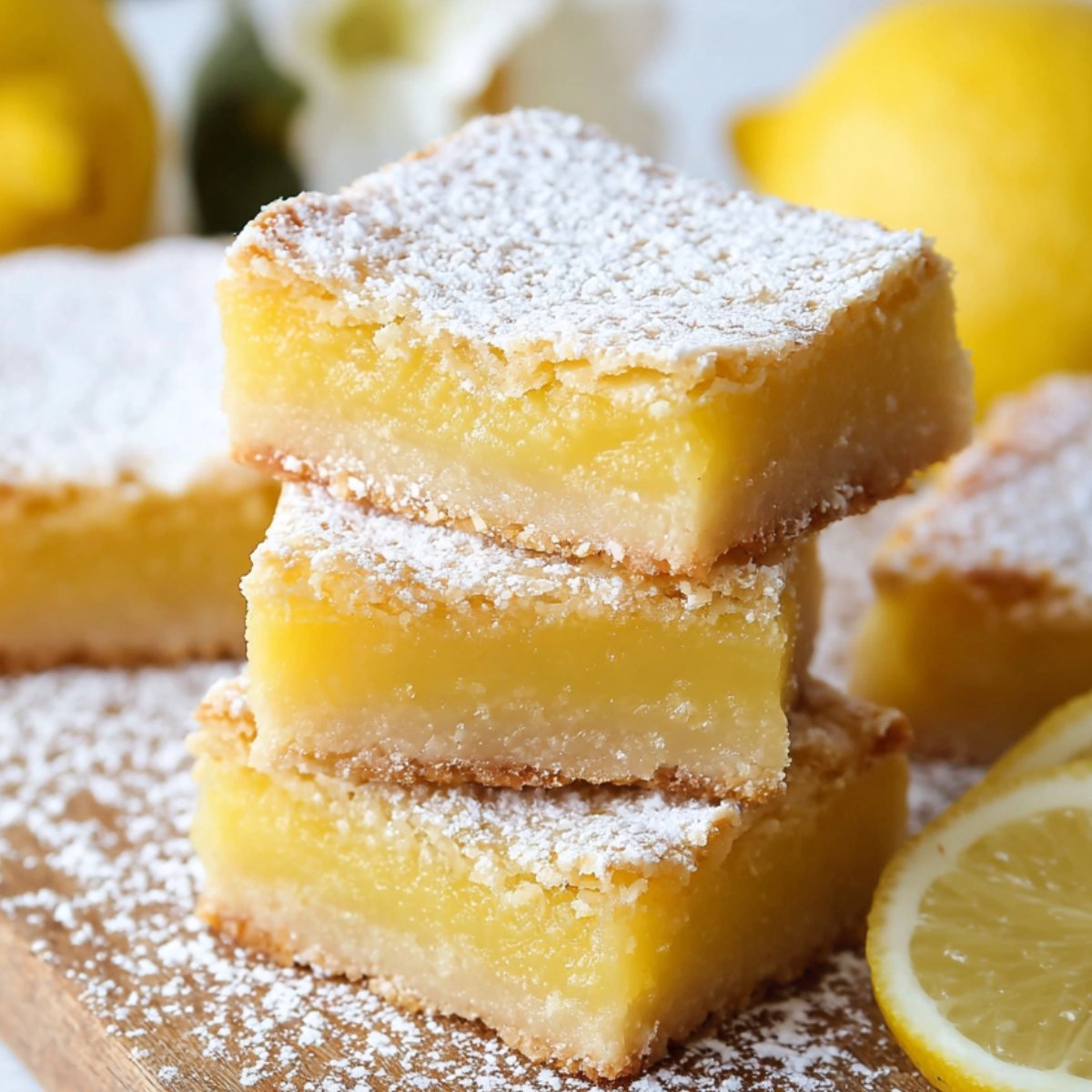 Homemade Lemon Bars dusted with powdered sugar, sitting on a wooden board with fresh lemons in the background.