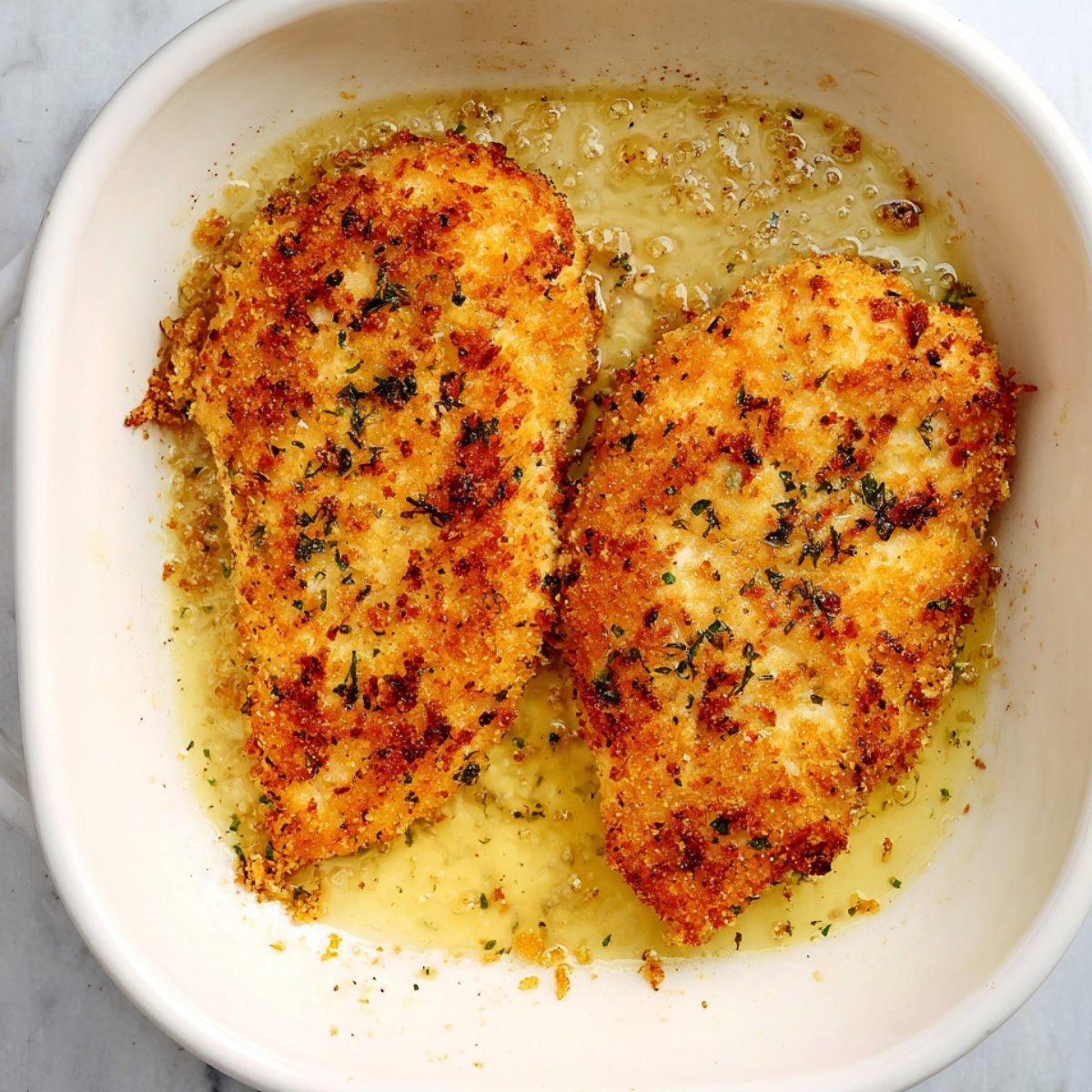 Heat the olive oil in a large skillet over medium-low heat. You'll know it's ready when the oil starts to shimmer and flicker slightly. Add two breaded chicken breasts at a time and cook for about 2 minutes per side, just until the coating turns golden and crispy. Transfer them to a paper towel-lined plate and repeat with the remaining two pieces.