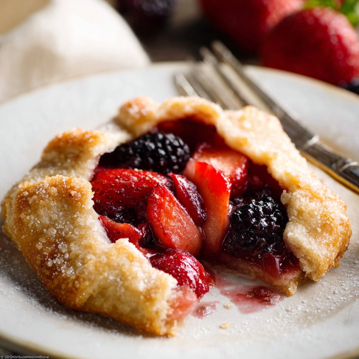 Homemade Mini Fruit Galettes blackberry galette on a white plate, showing the flaky pastry crust and thick, glossy berry filling with visible fruit slices and juices.