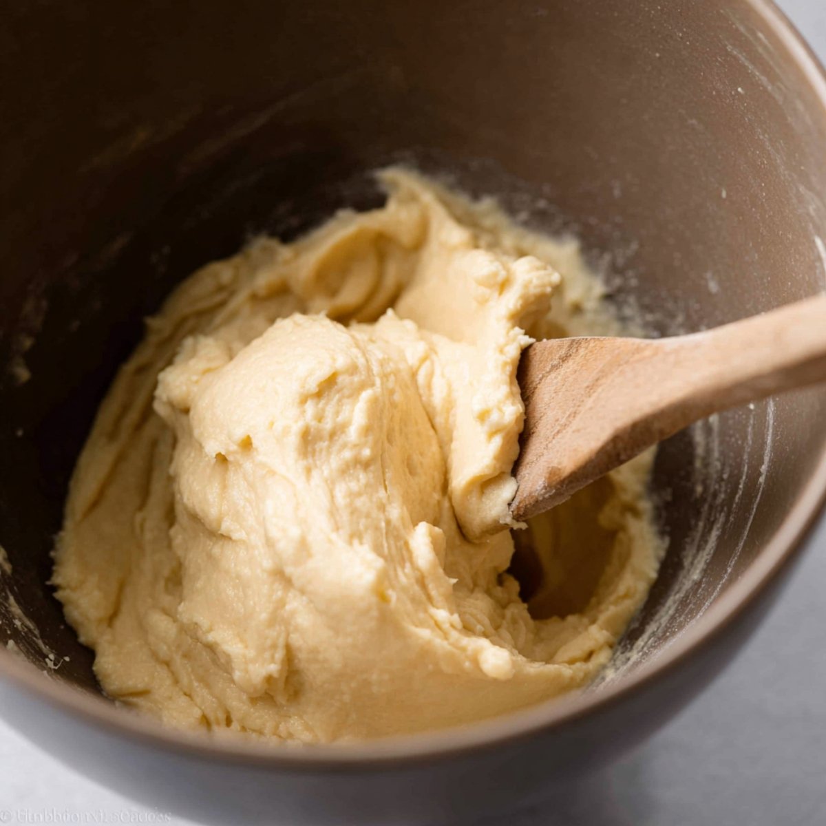 Choux pastry dough being stirred in a mixing bowl with a wooden spoon, showing a smooth and thick consistency.